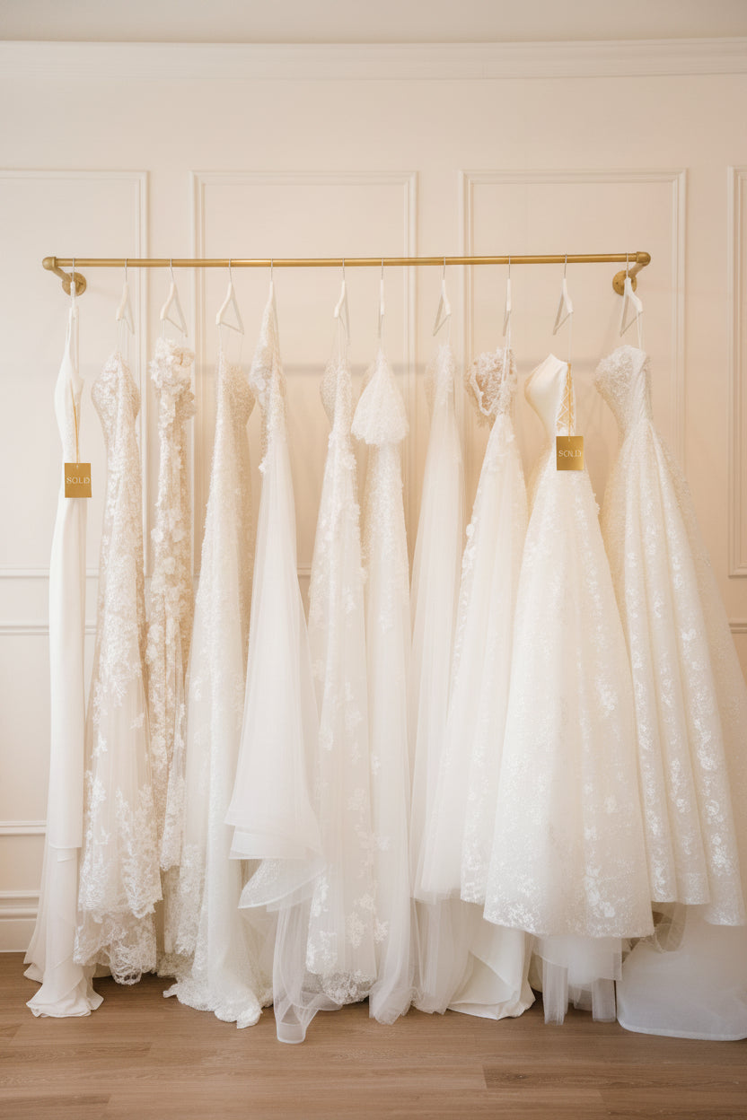 Unique designer sample wedding dresses at Camellia Wedding Gown in Toronto, featuring one-of-a-kind bridal gowns available while inventory lasts.