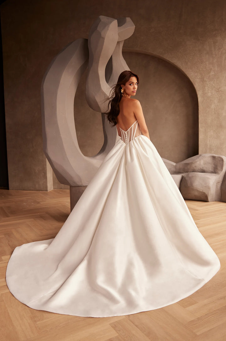 Paloma Blanca: P5130 ballgown wedding dress with scoop neckline and low back view