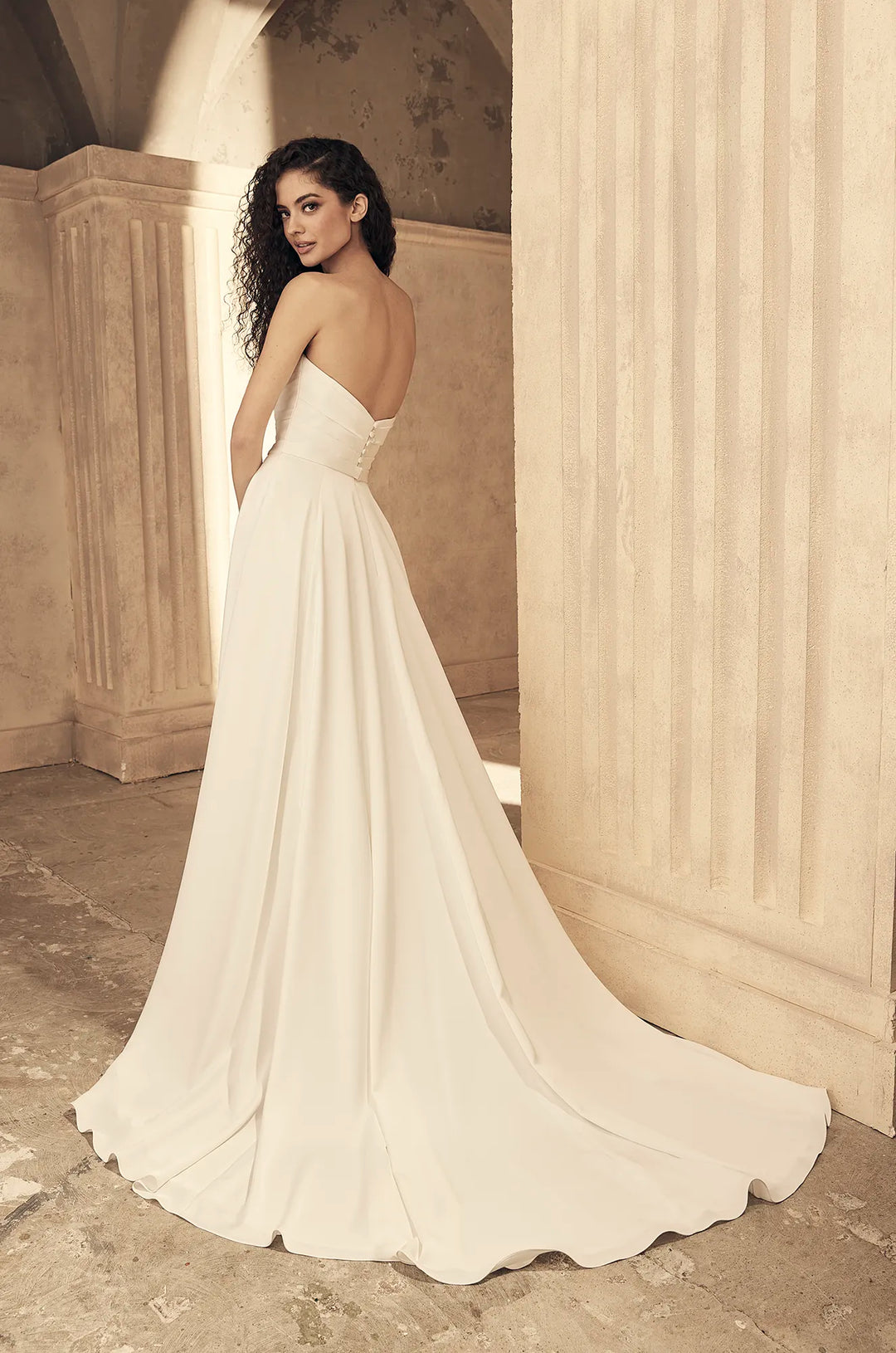 Paloma Blanca: P5166 satin a-line wedding dress  back view