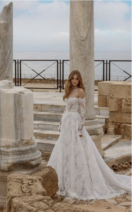 Pnina Tornai 14999N long sleeves lace wedding dress sweetheart neckline long train side view