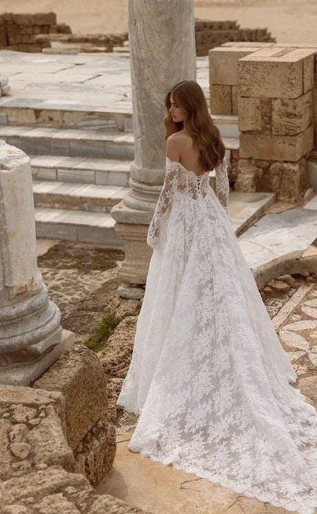 Pnina Tornai 14999N long sleeves lace wedding dress sweetheart neckline long train back view