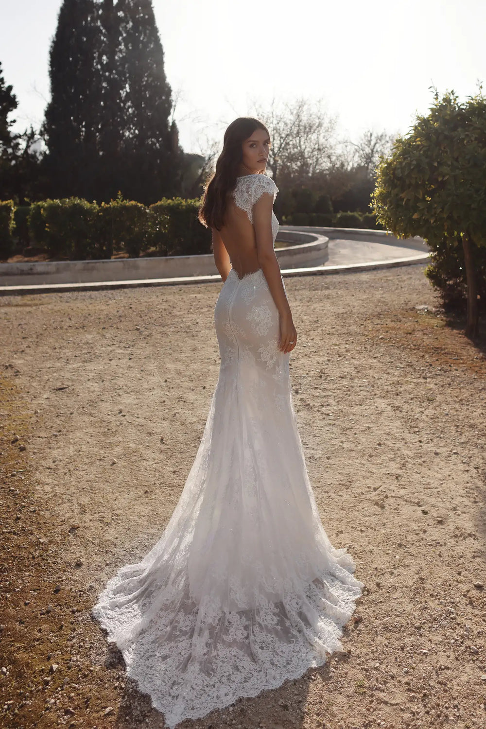 Pnina Tornai lace fitted wedding dress low back cap sleeve back view with train