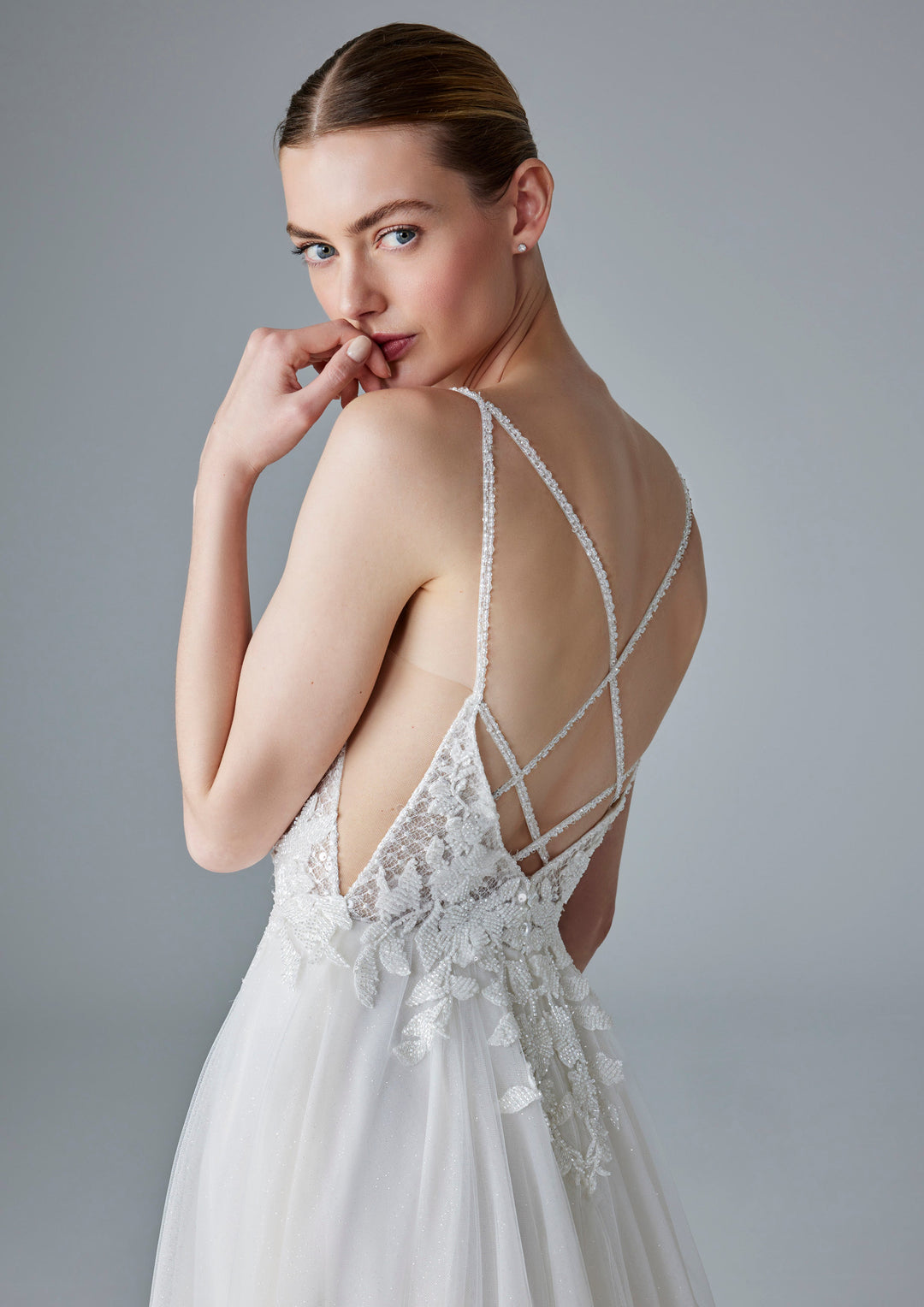 Pronovias Ailidh a-line wedding dress low back beaded floral appliqué back detail view