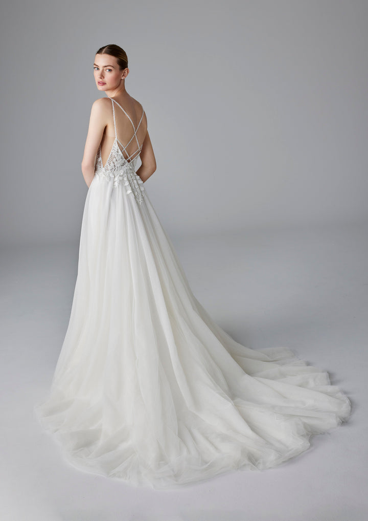 Pronovias Ailidh a-line wedding dress low back beaded floral appliqué back view