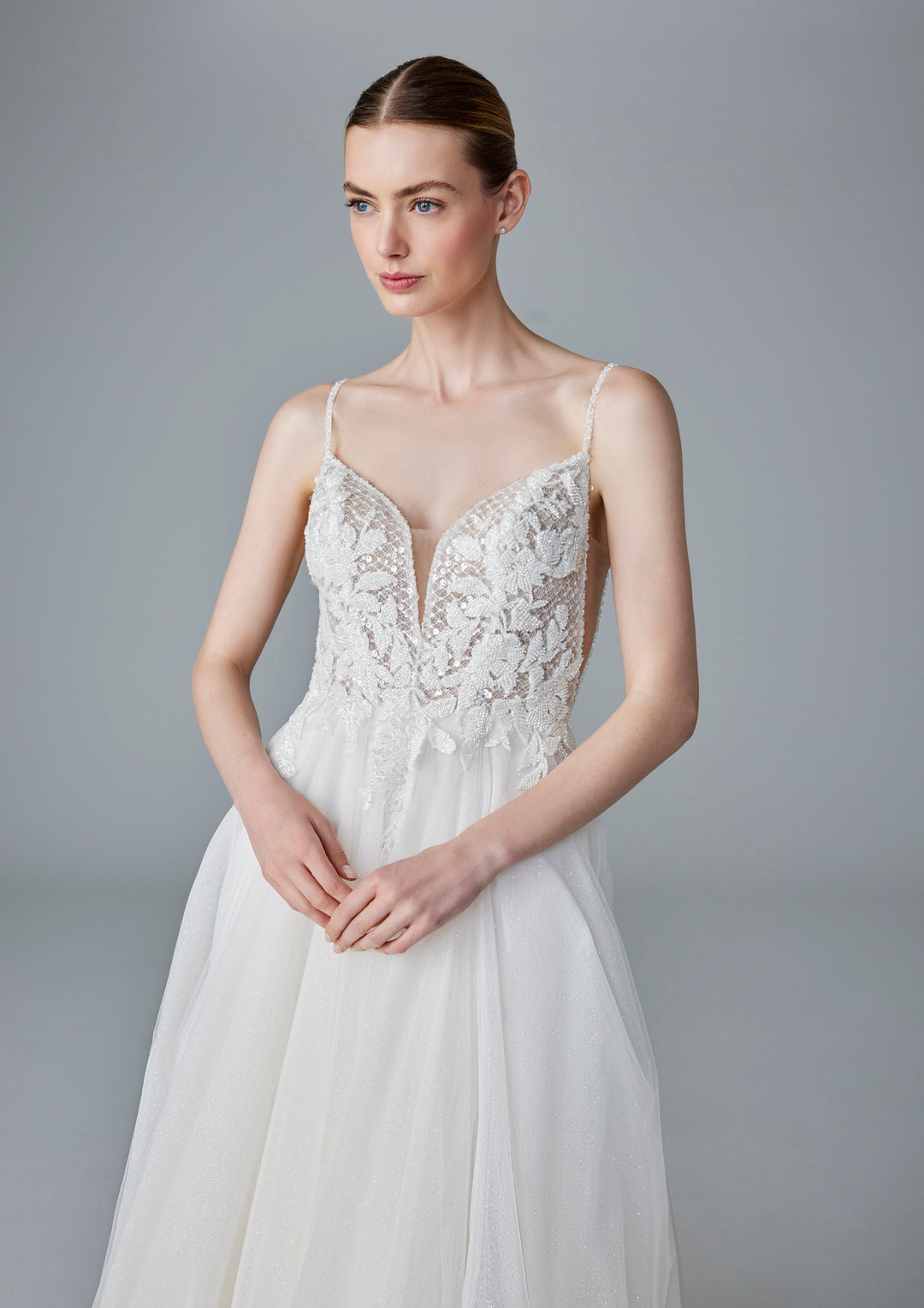 Pronovias Ailidh a-line wedding dress low back beaded floral appliqué front detail view