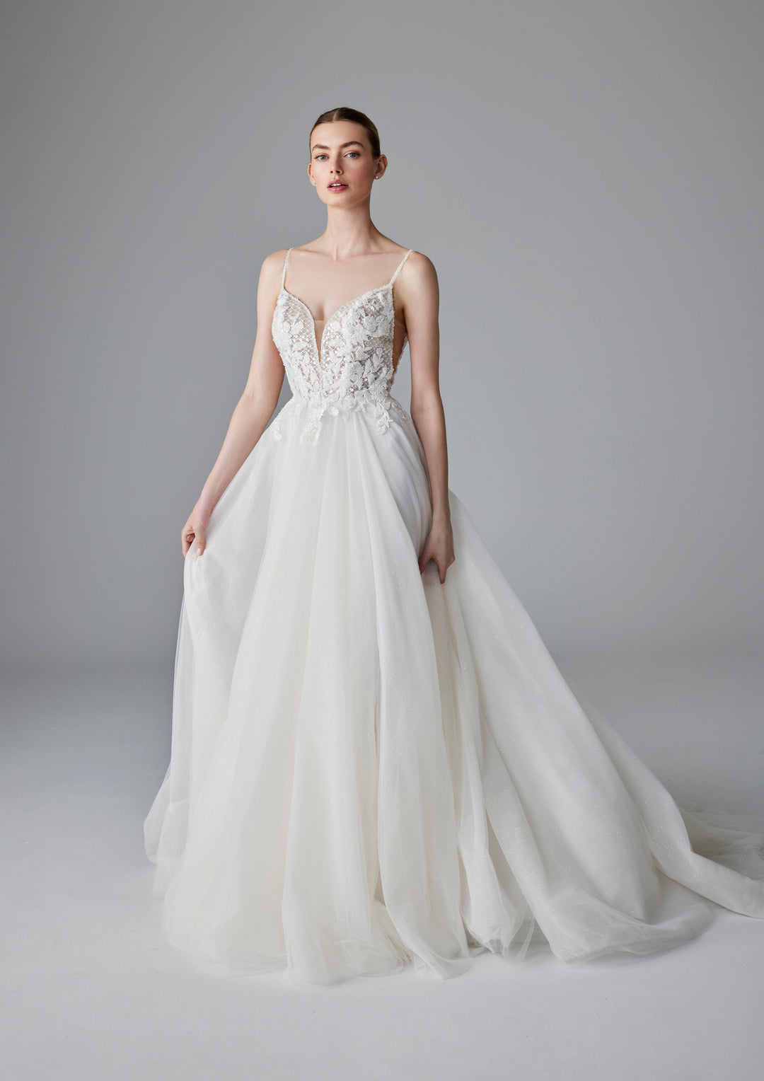 Pronovias Ailidh a-line wedding dress low back beaded floral appliqué front view