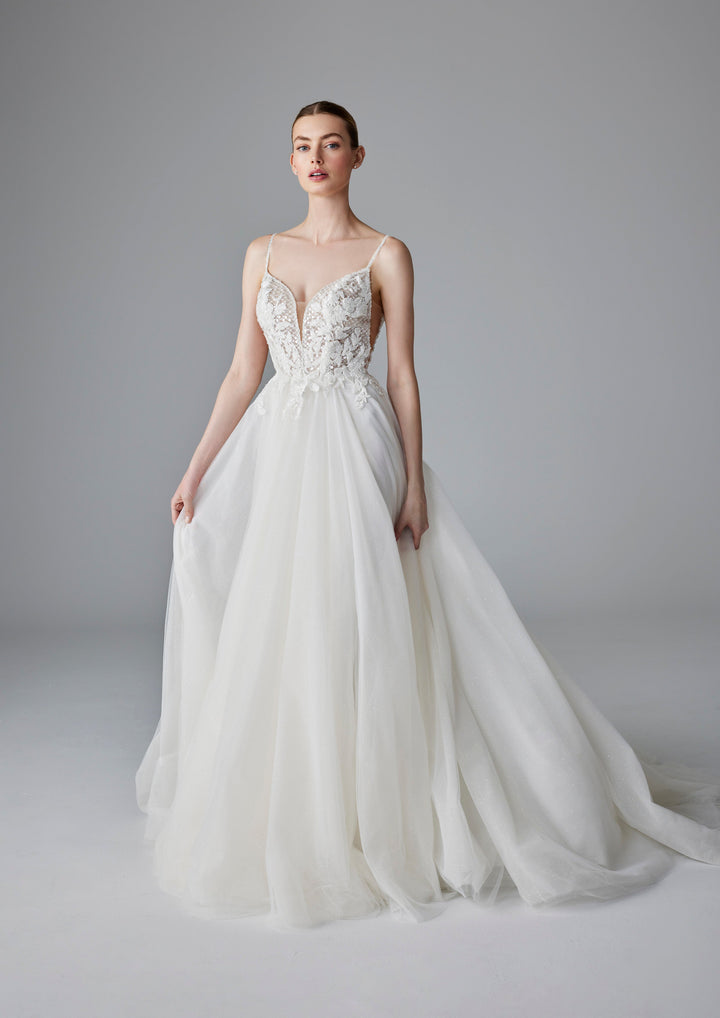 Pronovias Ailidh a-line wedding dress low back beaded floral appliqué front view