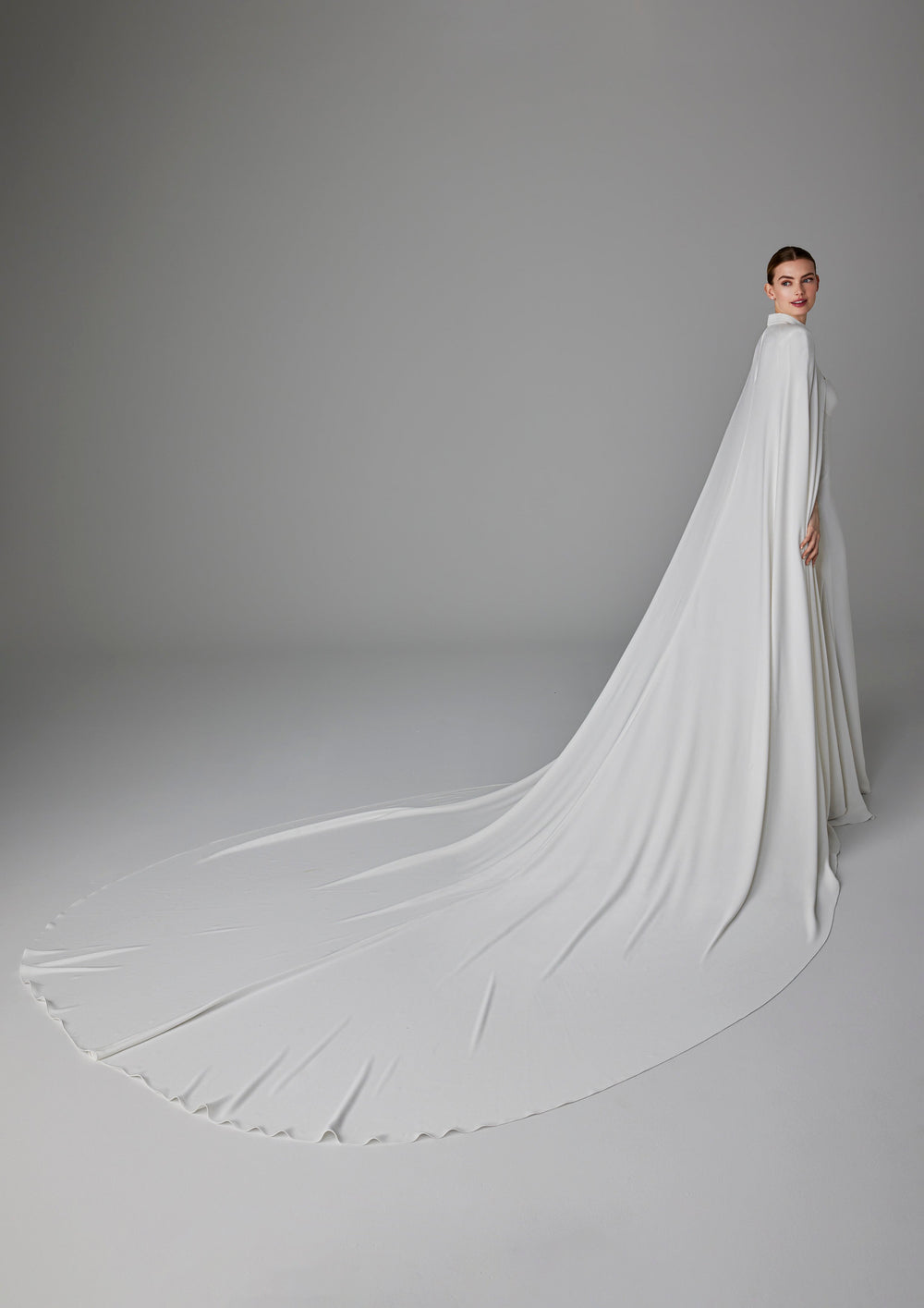 Pronovias Alexandrine fitted strapless wedding dress with cape back view  