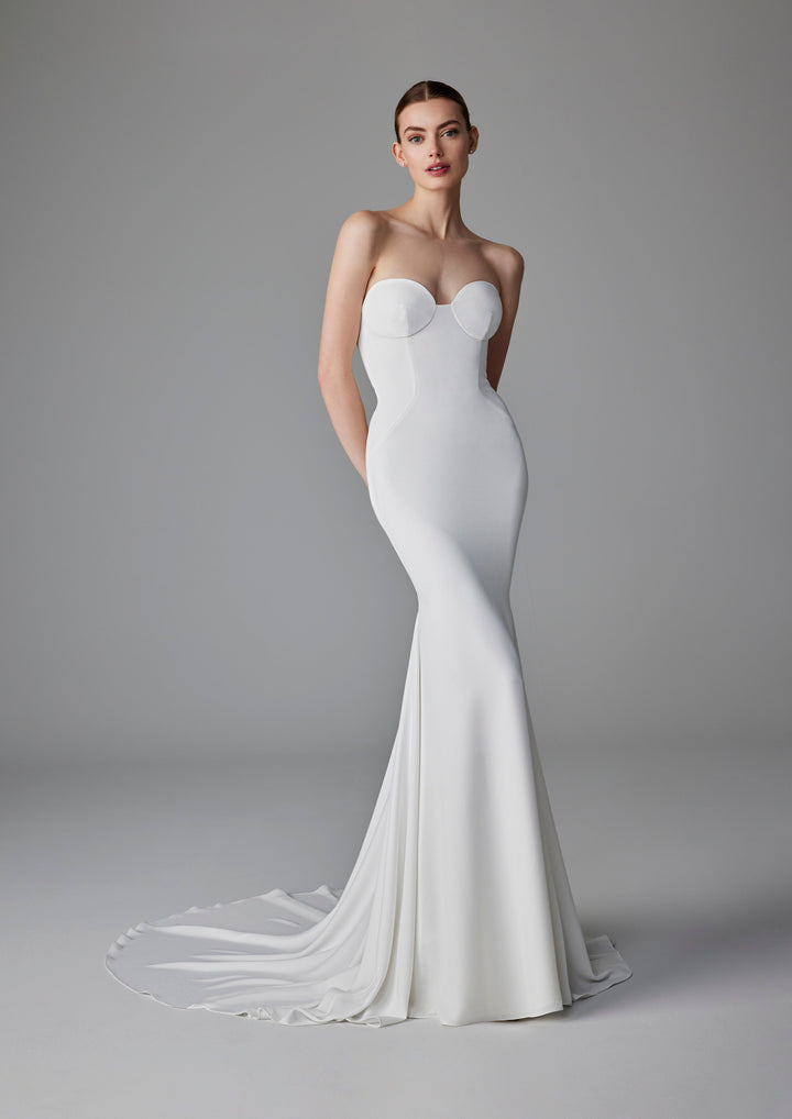 Pronovias Alexandrine fitted strapless wedding dress with structured bodice front view