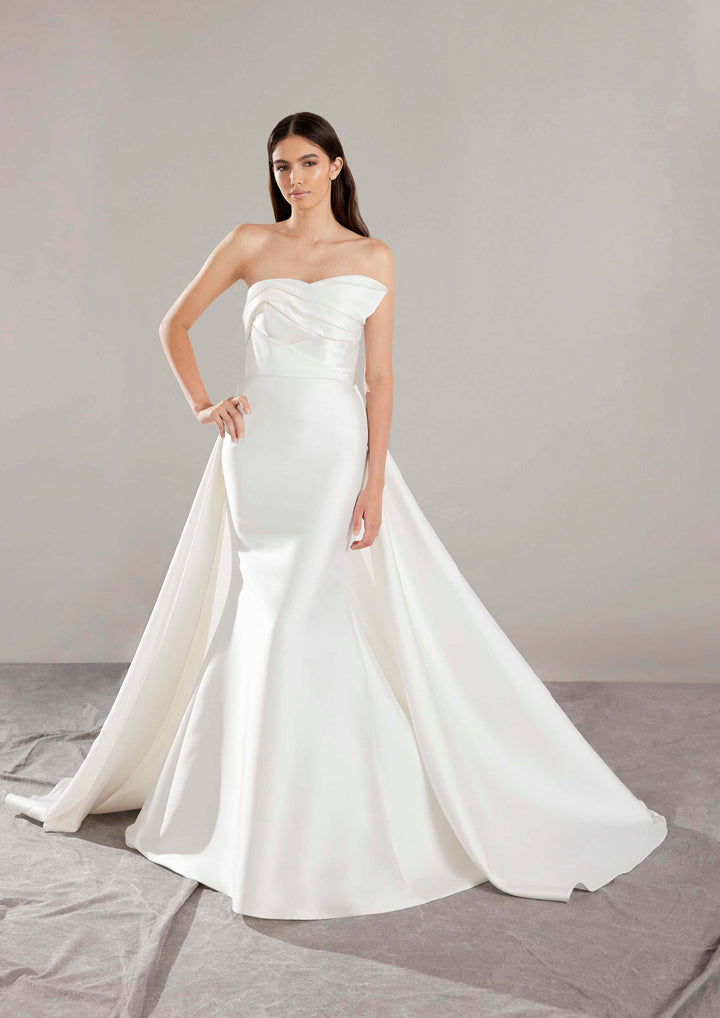 Pronovias Arya strapless mermaid wedding dress with overskirt front view