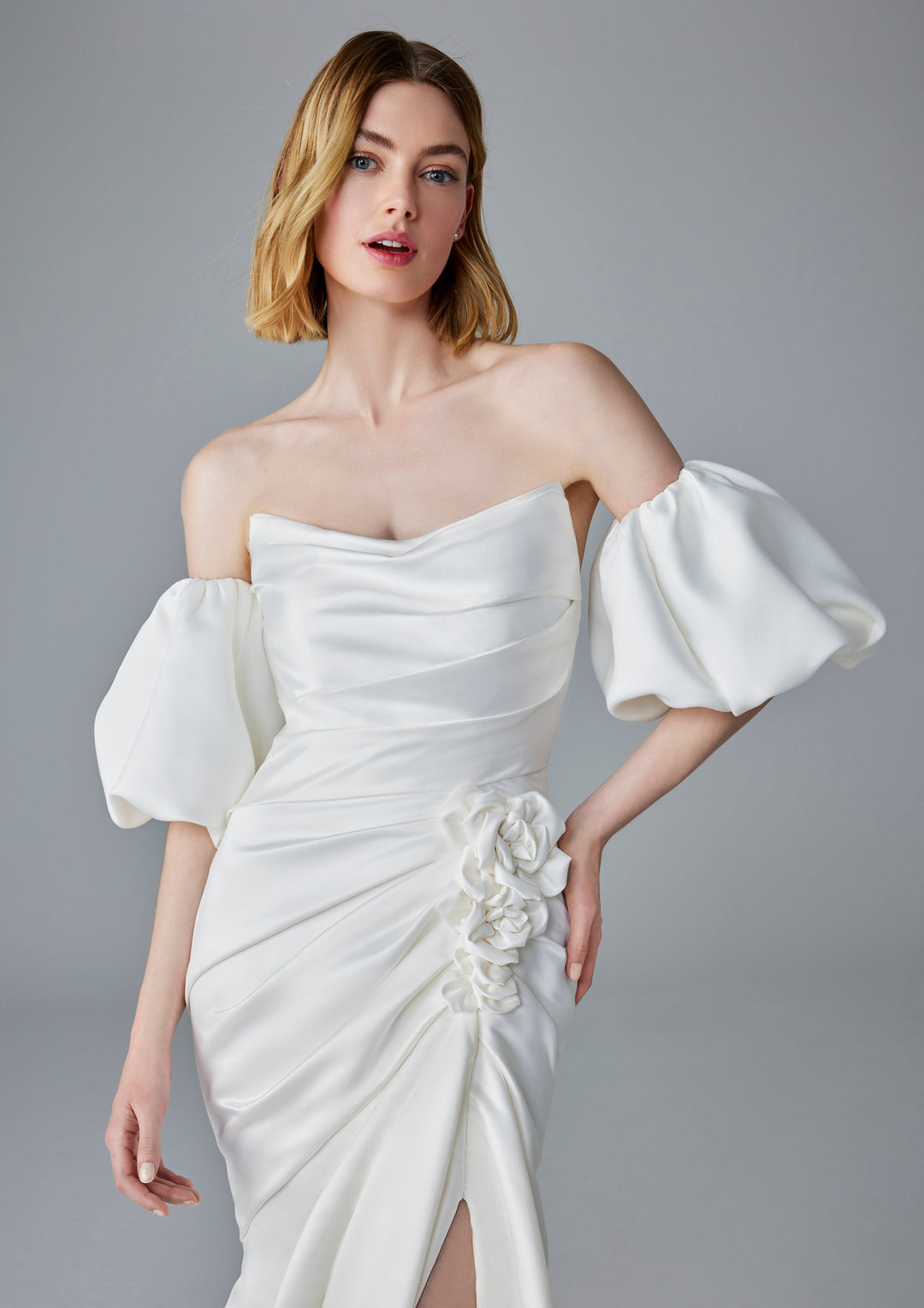 Pronovias Bozena fitted strapless wedding dress with structured bodice front view