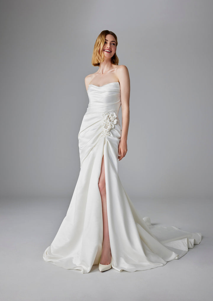 Pronovias Bozena fitted strapless wedding dress with floral detail front view