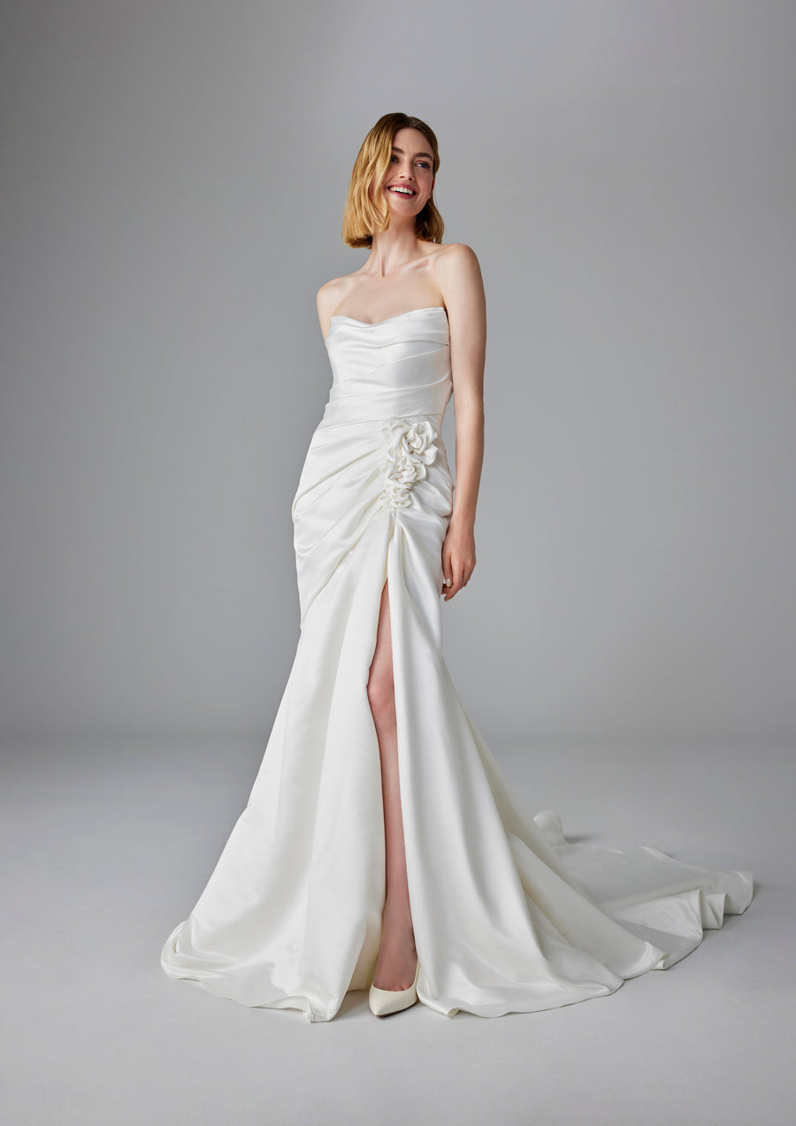 Pronovias Bozena fitted strapless wedding dress with floral detail front view