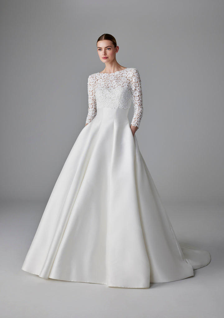 Pronovias Cammi long-sleeves wedding dress with lace top and mikado skirt front view