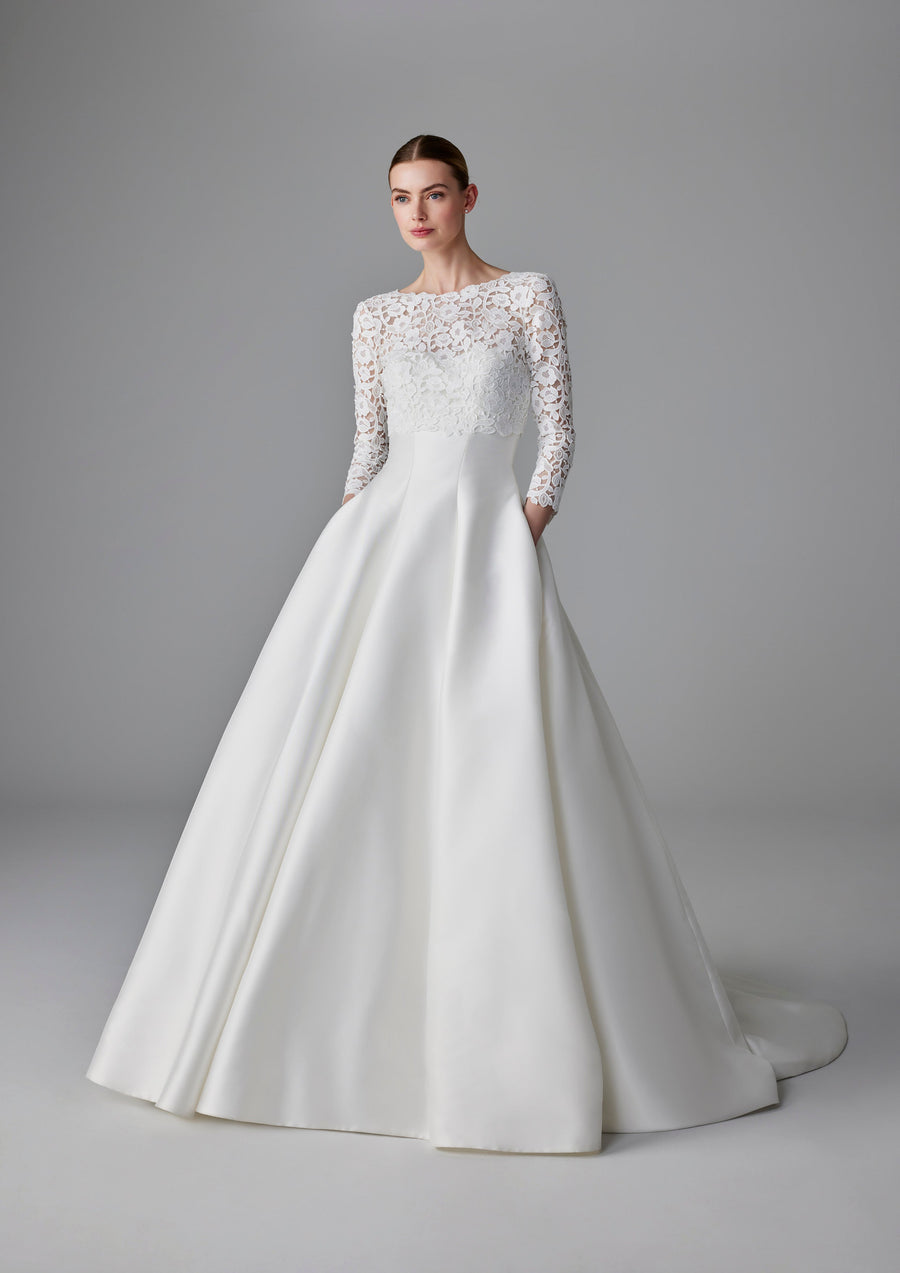 Pronovias Cammi long-sleeves wedding dress with lace top and mikado skirt front view