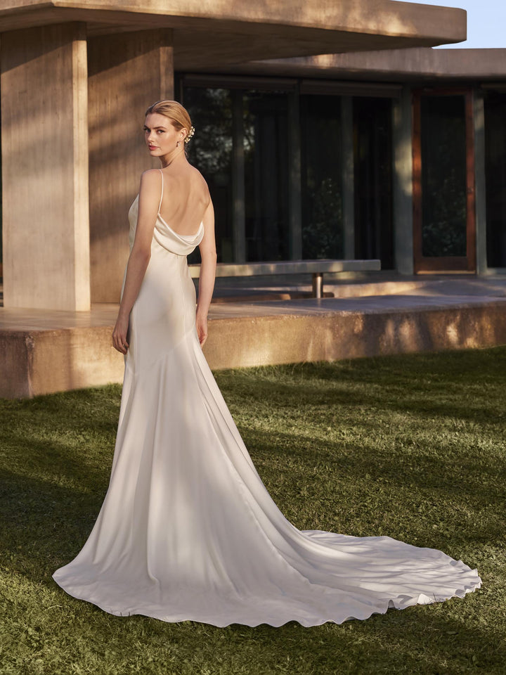 Pronovias Carlile charmeuse mermaid wedding dress low back view