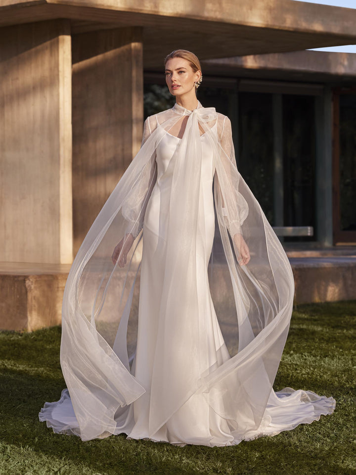 Pronovias Carlile charmeuse mermaid wedding dress with cape front view