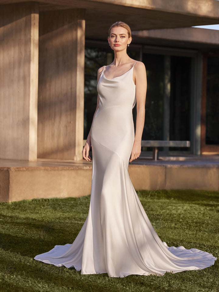 Pronovias Carlile charmeuse mermaid wedding dress front view