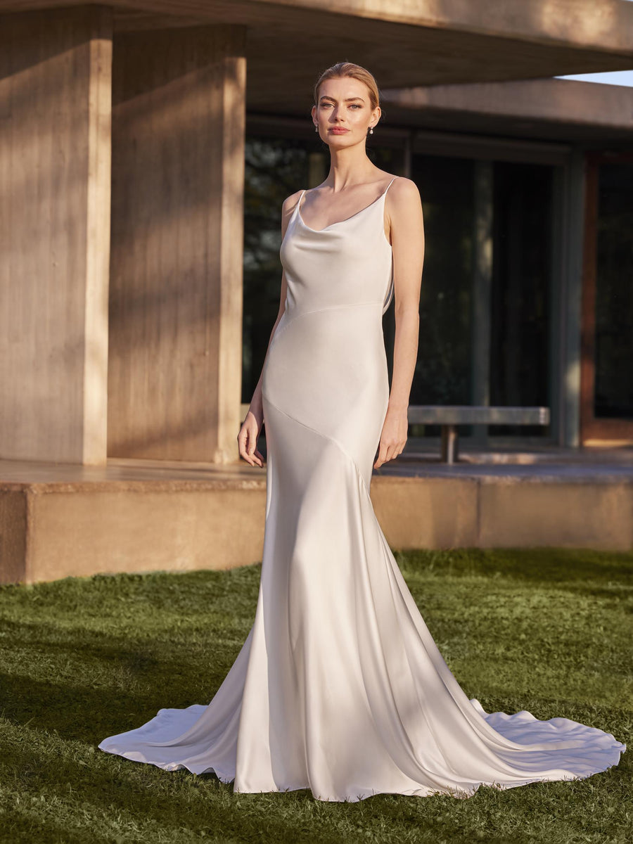 Pronovias Carlile charmeuse mermaid wedding dress front view