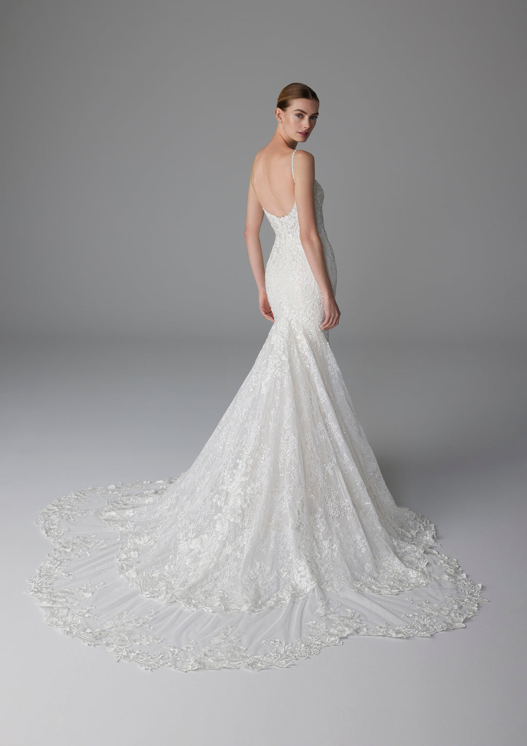 Pronovias Claudie mermaid chantilly lace wedding dress sparkle low back train view
