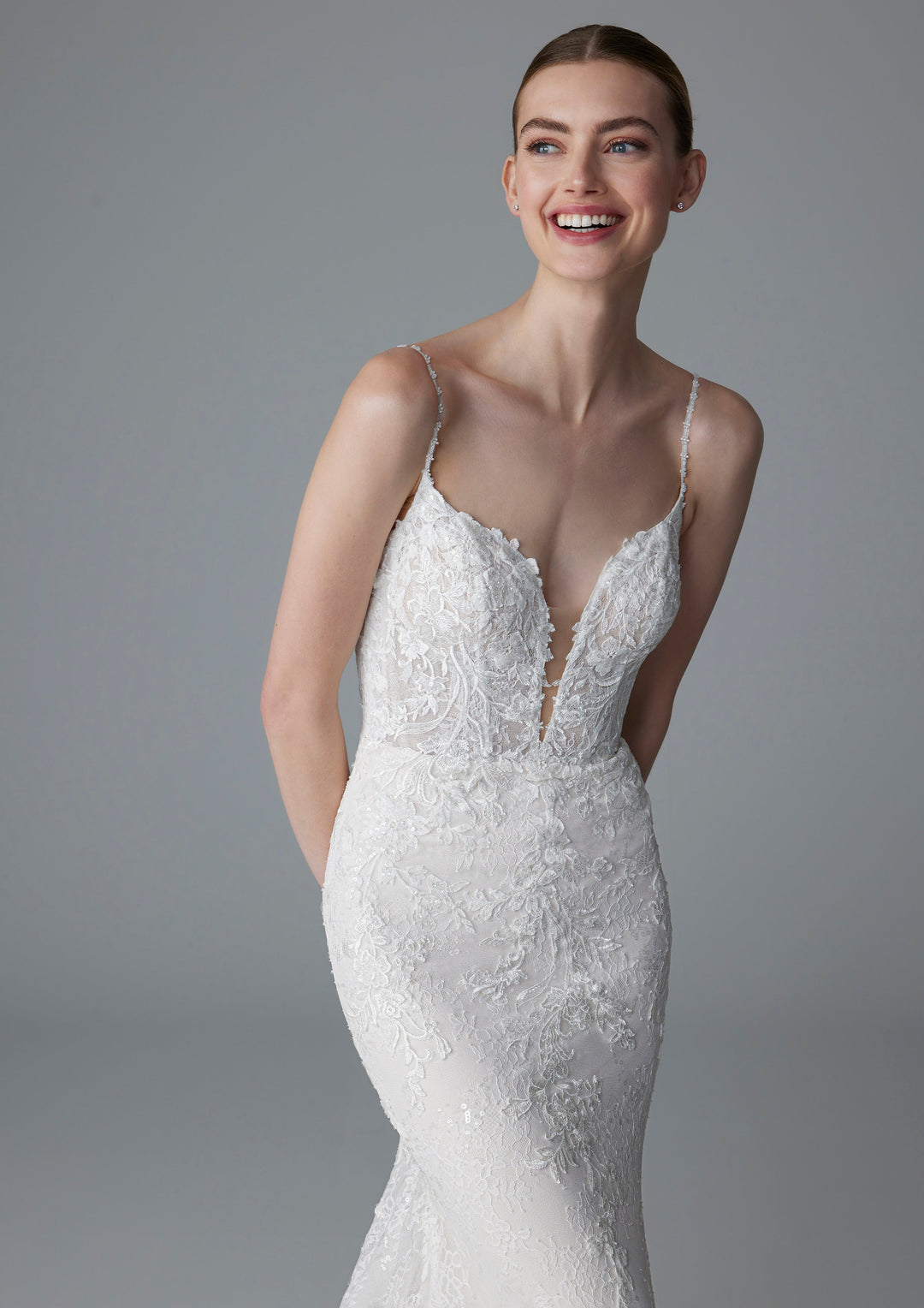Pronovias Claudie mermaid chantilly lace wedding dress sparkle low back front detail view