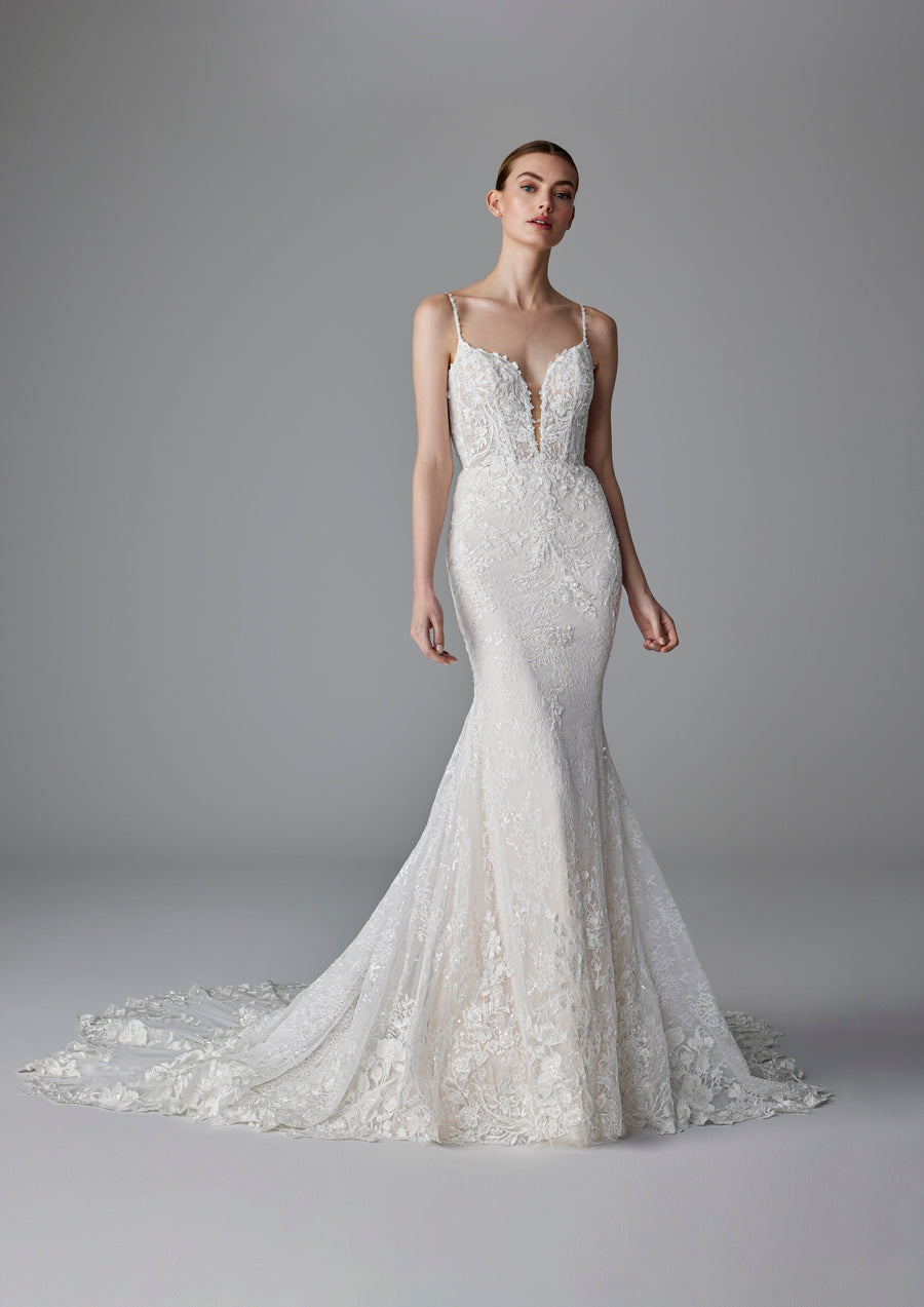 Pronovias Claudie mermaid chantilly lace wedding dress sparkle low back front view