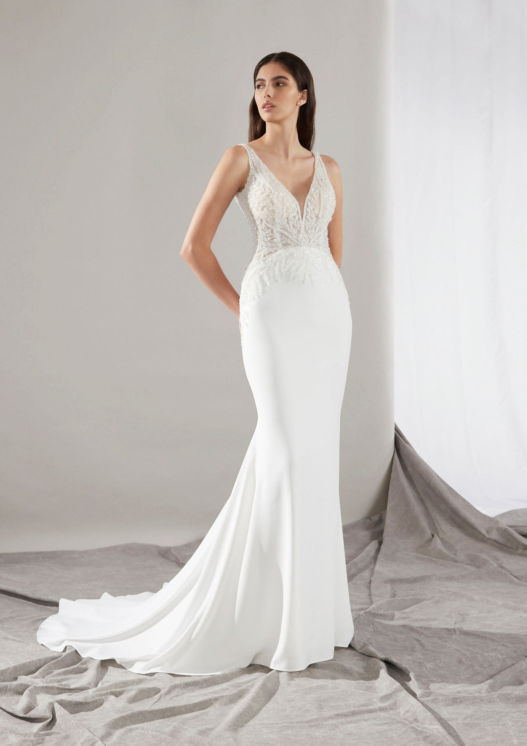 Pronovias Clin fitted wedding dress with beaded neckline and low back front view