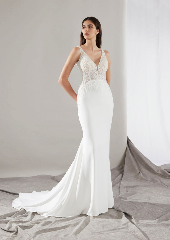 Pronovias Clin fitted wedding dress with beaded neckline and low back front view
