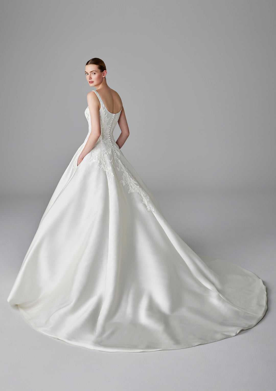 Pronovias Dalida wedding dress with floral appliqué and straps back view