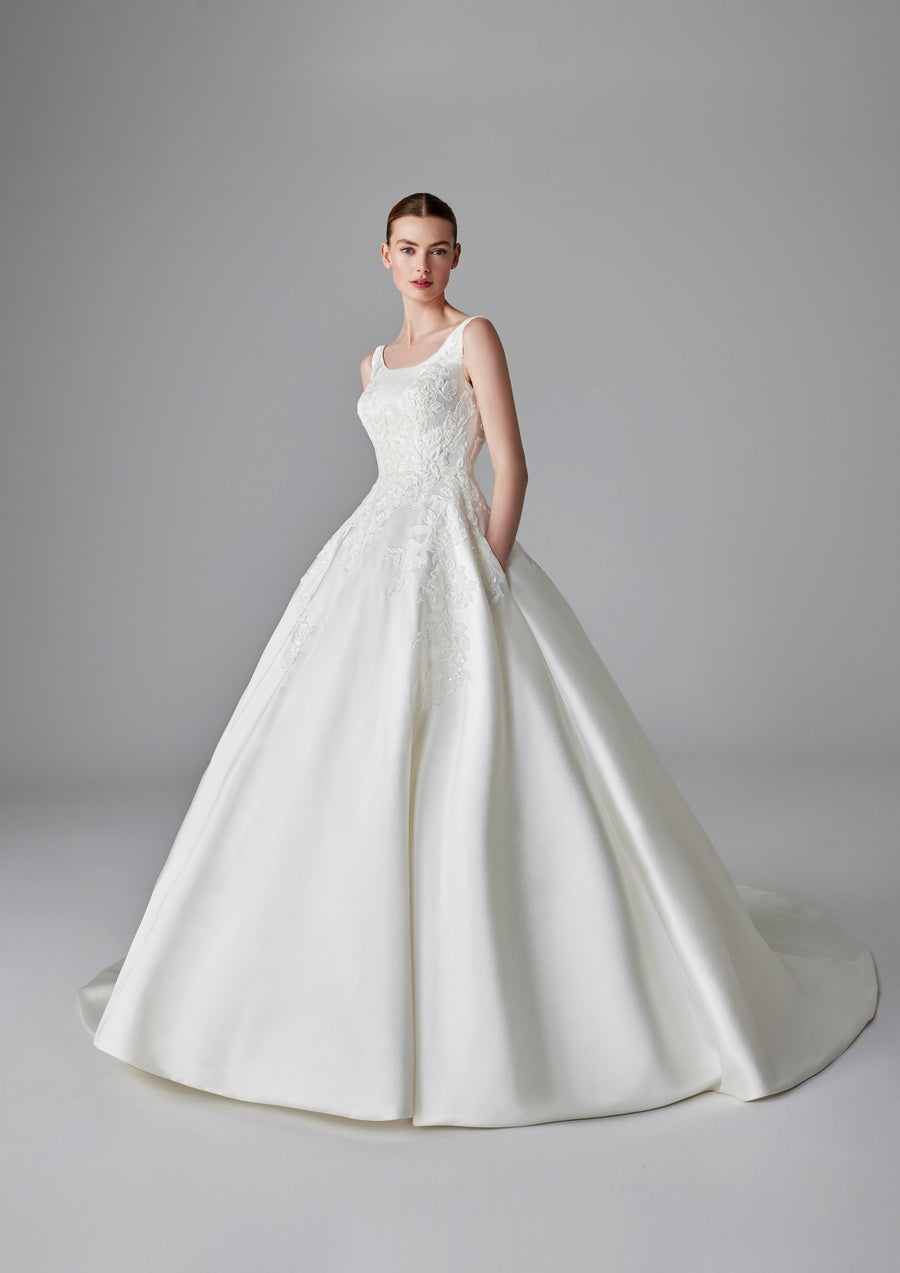 Pronovias Dalida wedding dress with floral appliqué and straps front view 
