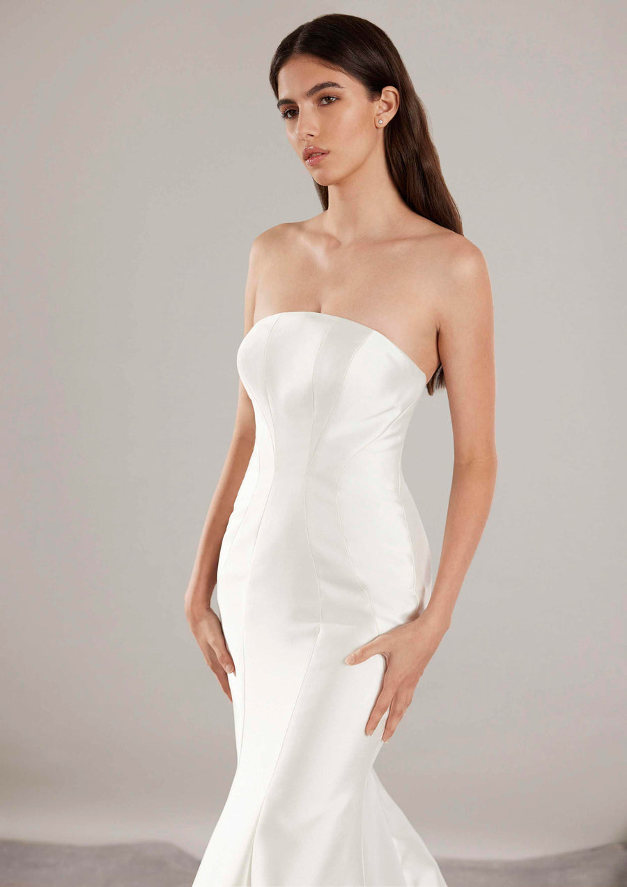 Pronovias Dalvir mermaid strapless wedding dress mikado fabric front details view