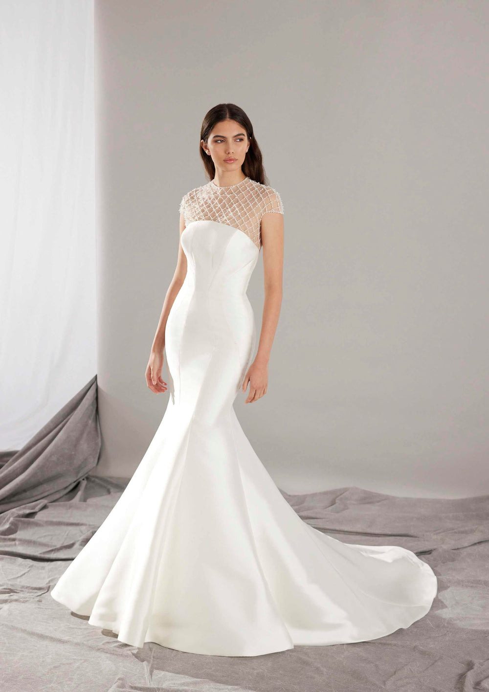 Pronovias Dalvir mermaid strapless wedding dress mikado fabric front view