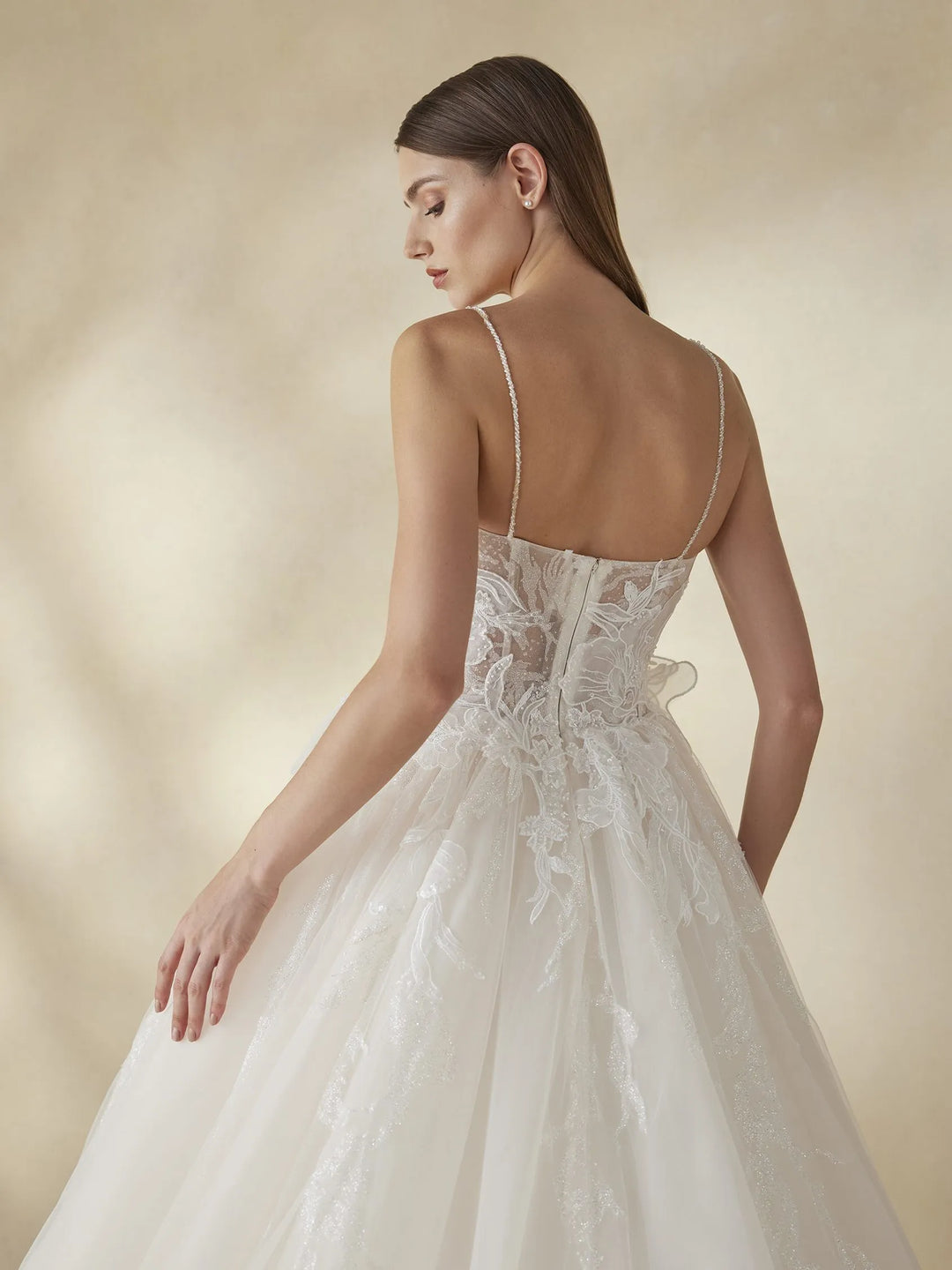 Pronovias Daylily wedding dress with floral design and spaghettini straps back details view