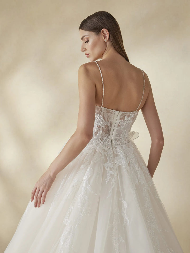 Pronovias Daylily wedding dress with floral design and spaghettini straps back details view