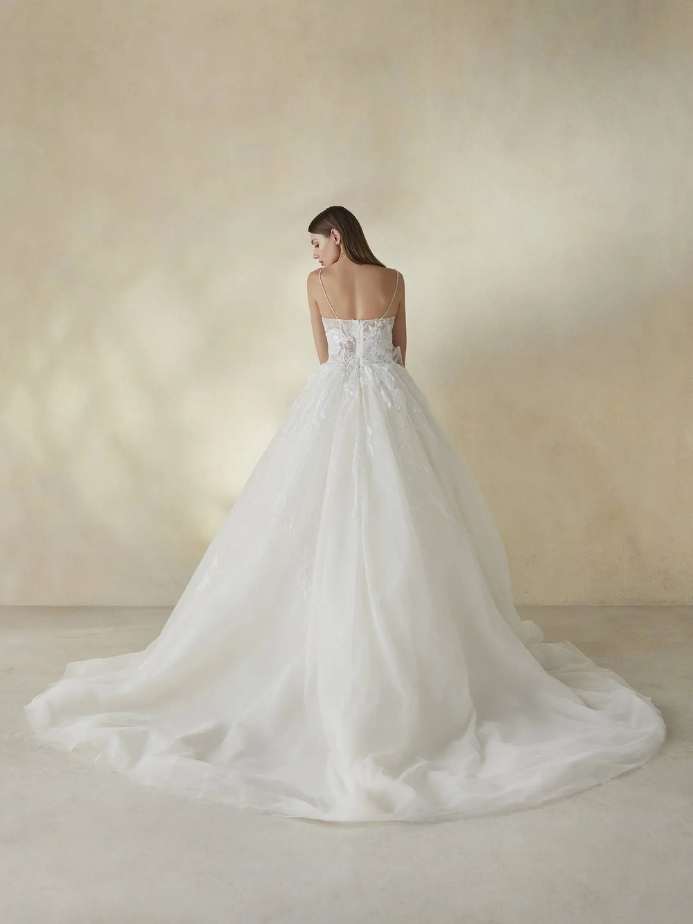 Pronovias Daylily wedding dress with floral design and spaghettini straps back view