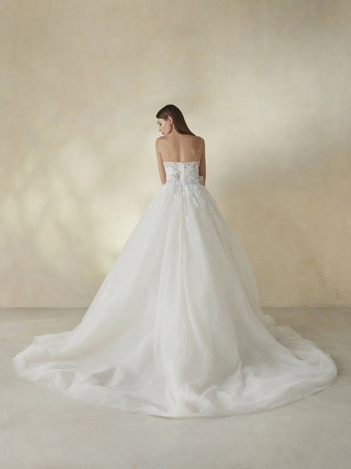 Pronovias Daylily wedding dress with floral design and spaghettini straps back view