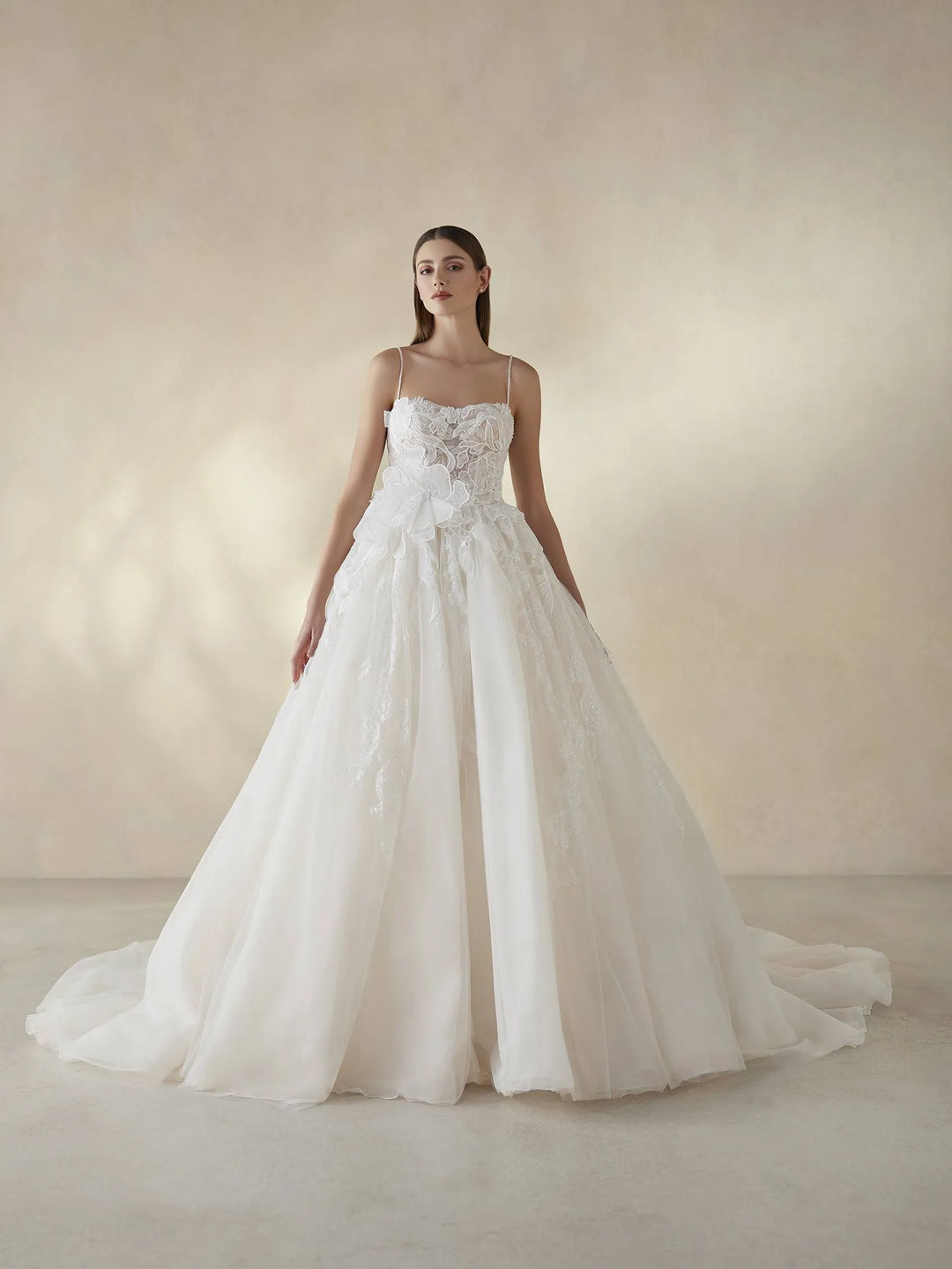 Pronovias Daylily wedding dress with floral design and spaghettini straps front view