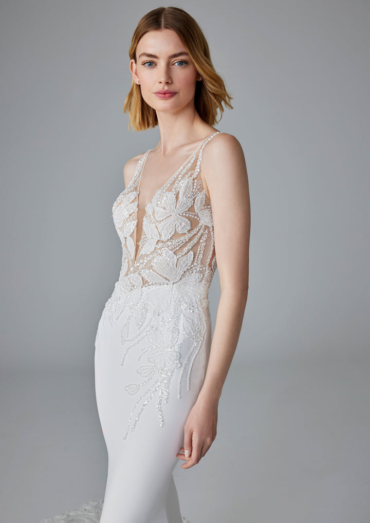 Pronovias Debby fitted wedding dress v-neckline floral sparkly appliqué front detail view