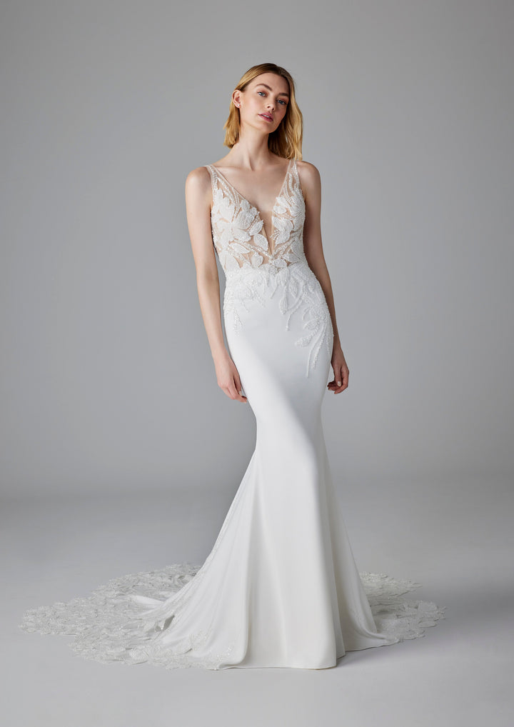 Pronovias Debby fitted wedding dress v-neckline floral sparkly appliqué front view