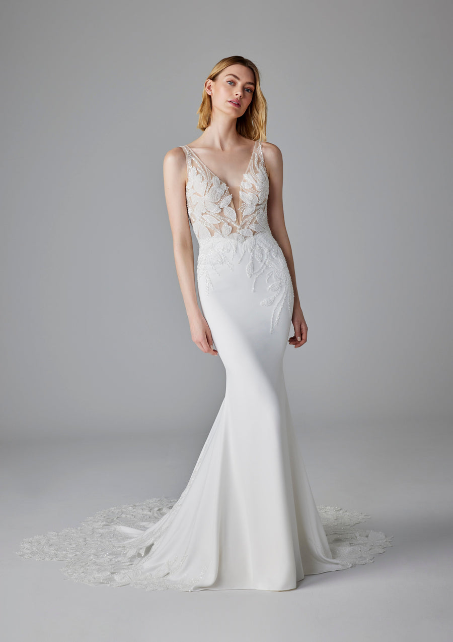 Pronovias Debby fitted wedding dress v-neckline floral sparkly appliqué front view