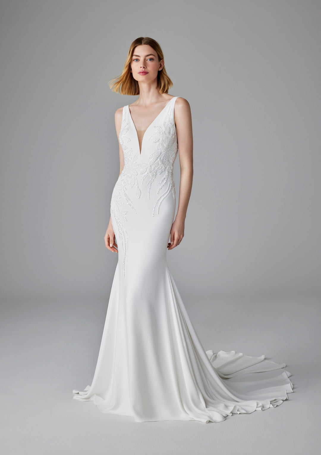 Pronovias Dulcie fitted wedding dress with  floral appliqué front view