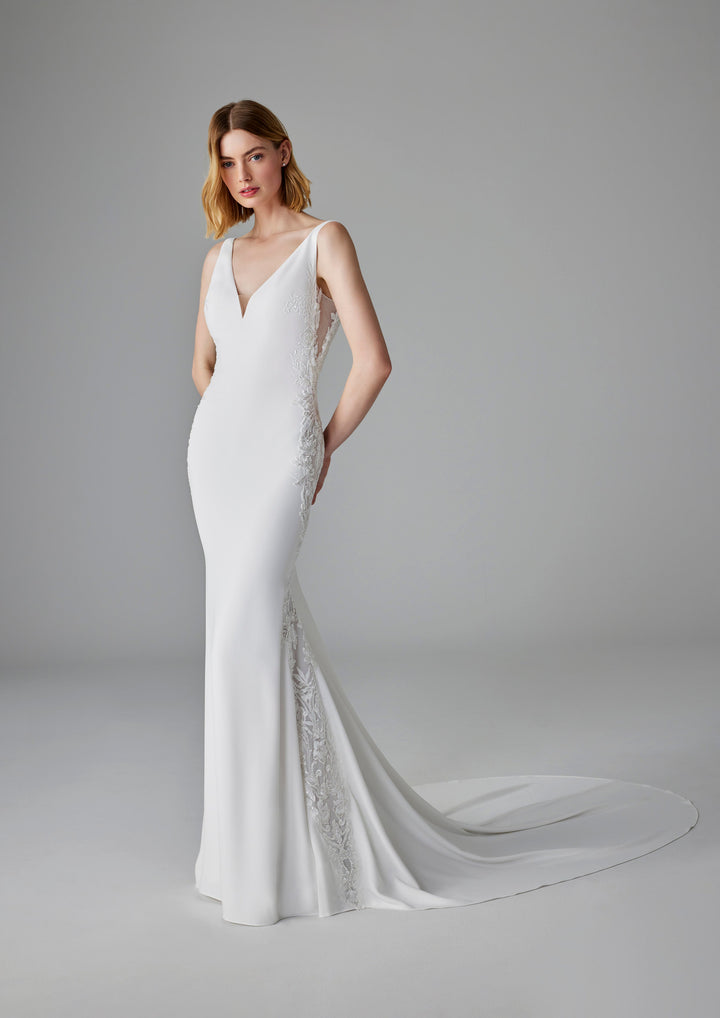 Pronovias Elea fitted crepe wedding dress v-neck low back front view