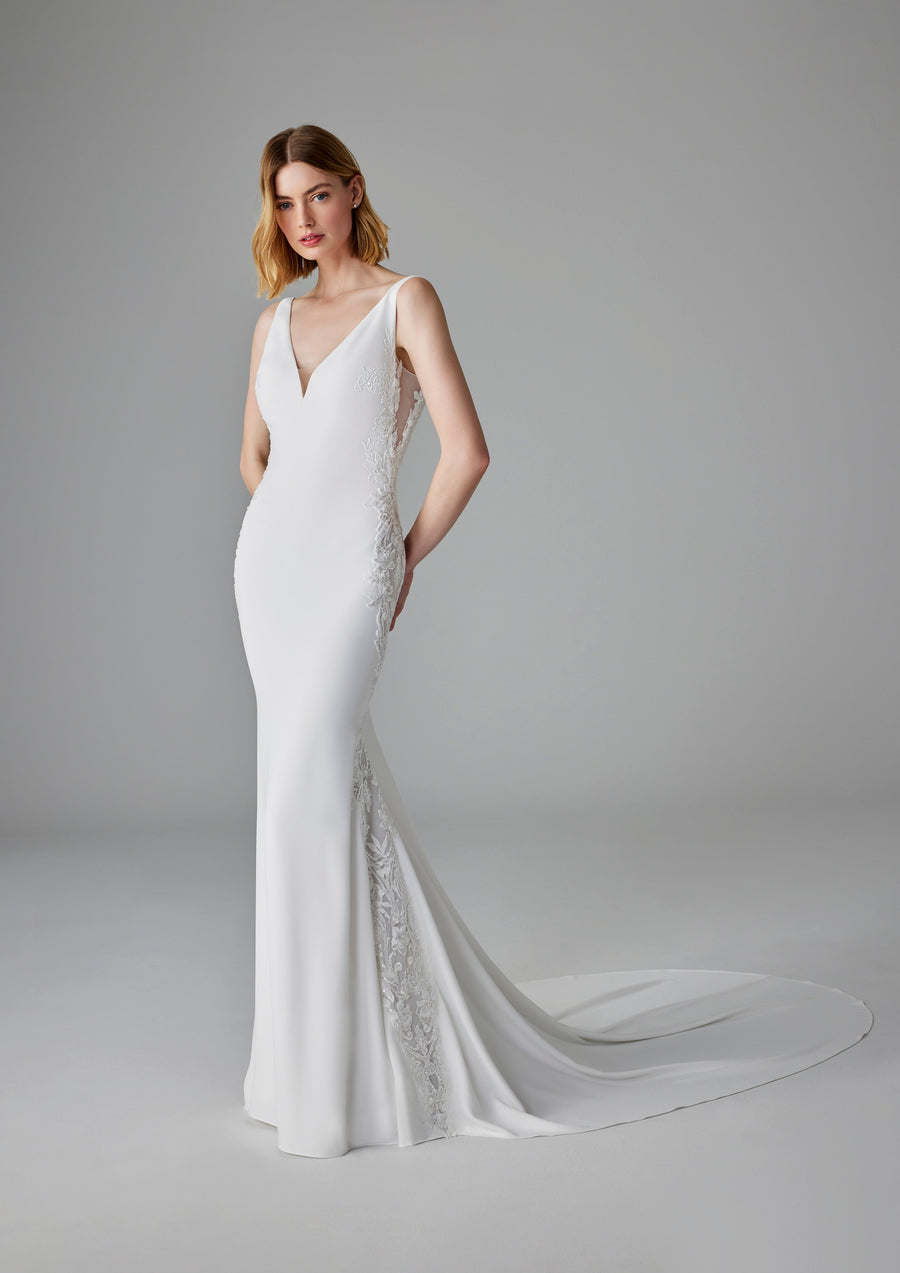 Pronovias Elea fitted crepe wedding dress v-neck low back front view