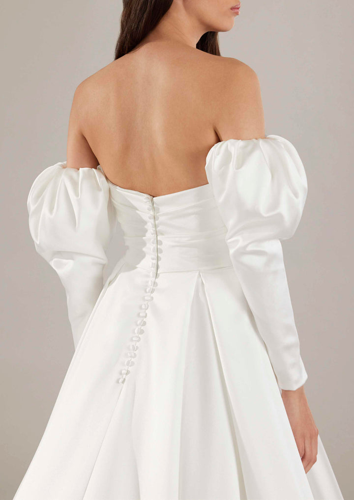Pronovias Ellison a-line wedding dress with long sleeves and leg slit back details view