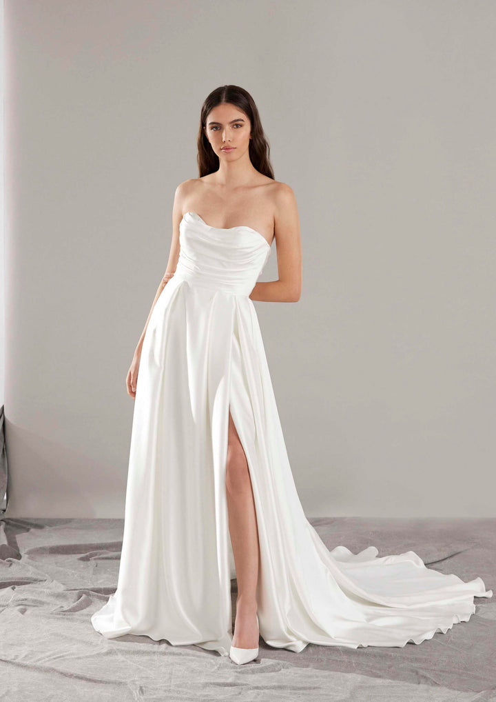 Pronovias Ellison a-line wedding dress  and leg slit front view