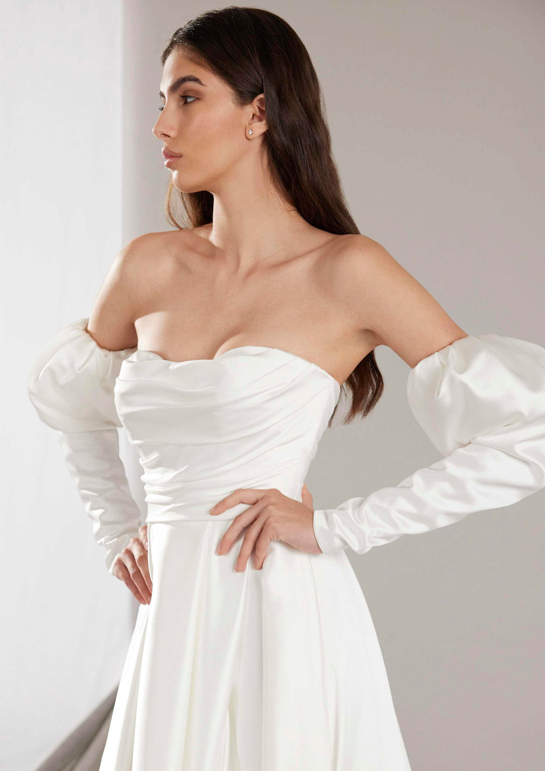 Pronovias Ellison a-line wedding dress with long sleeves side view
