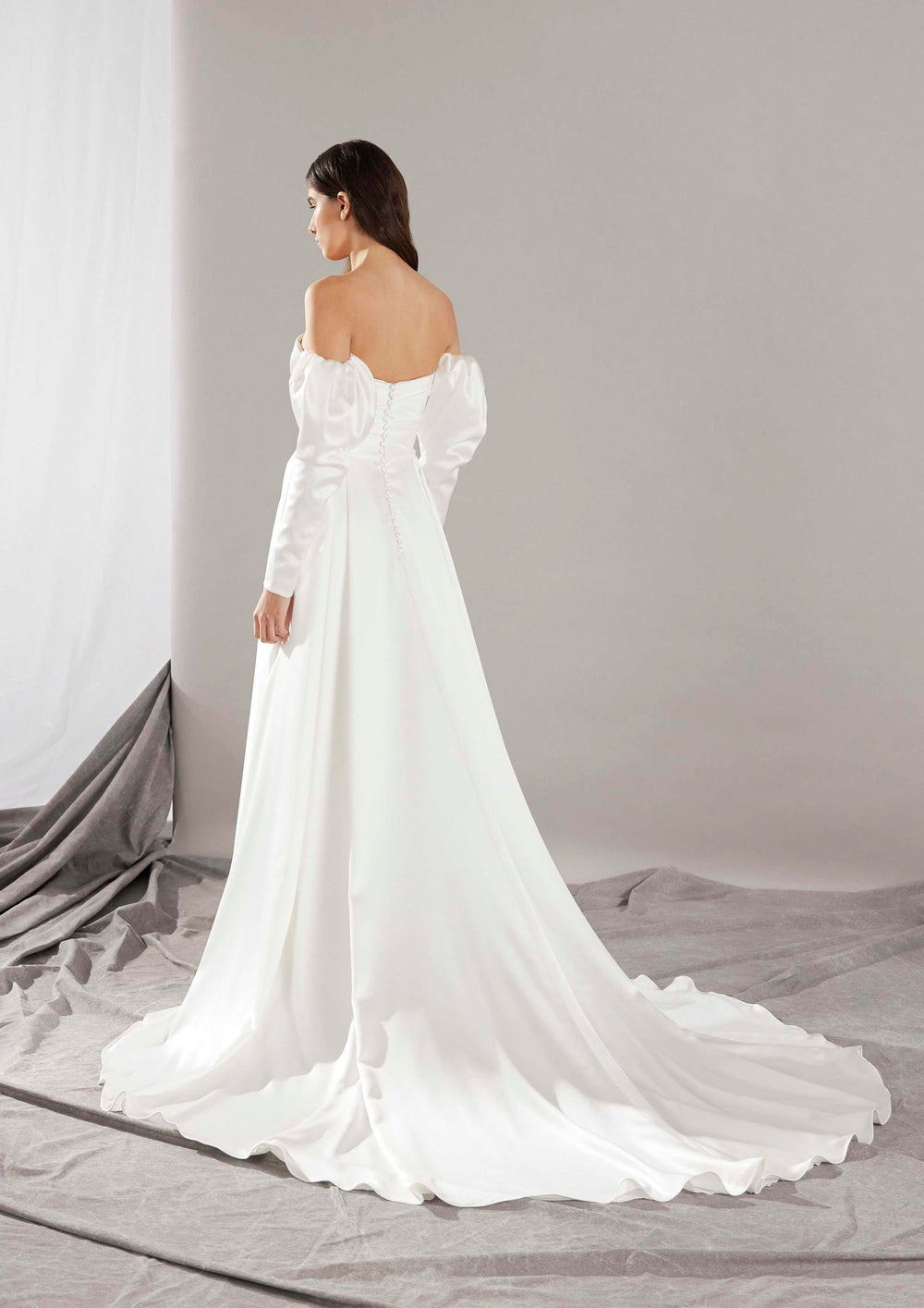 Pronovias Ellison a-line wedding dress with long sleeves and leg slit back view