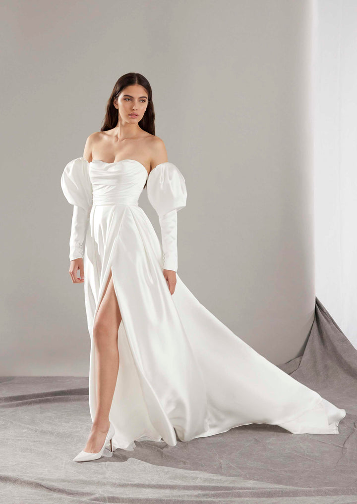 Pronovias Ellison a-line wedding dress with long sleeves and leg slit front view