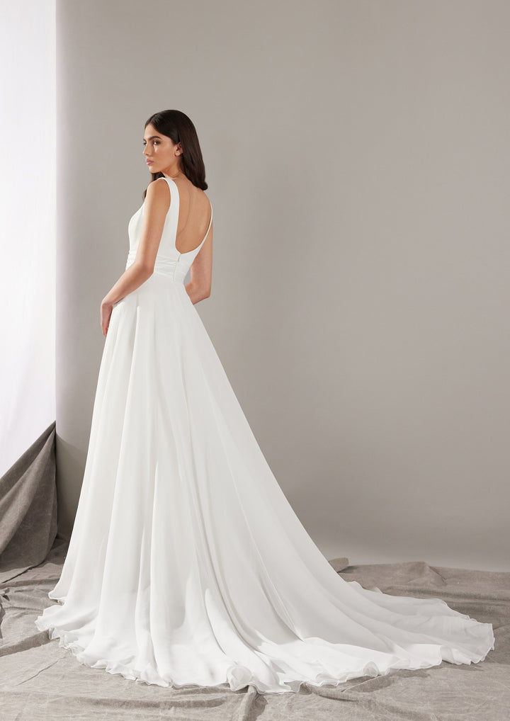 Pronovias Eufeme aline chiffon wedding dress with wide straps back view