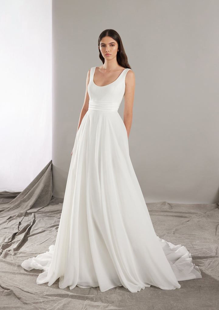 Pronovias Eufeme aline chiffon wedding dress with wide straps front view